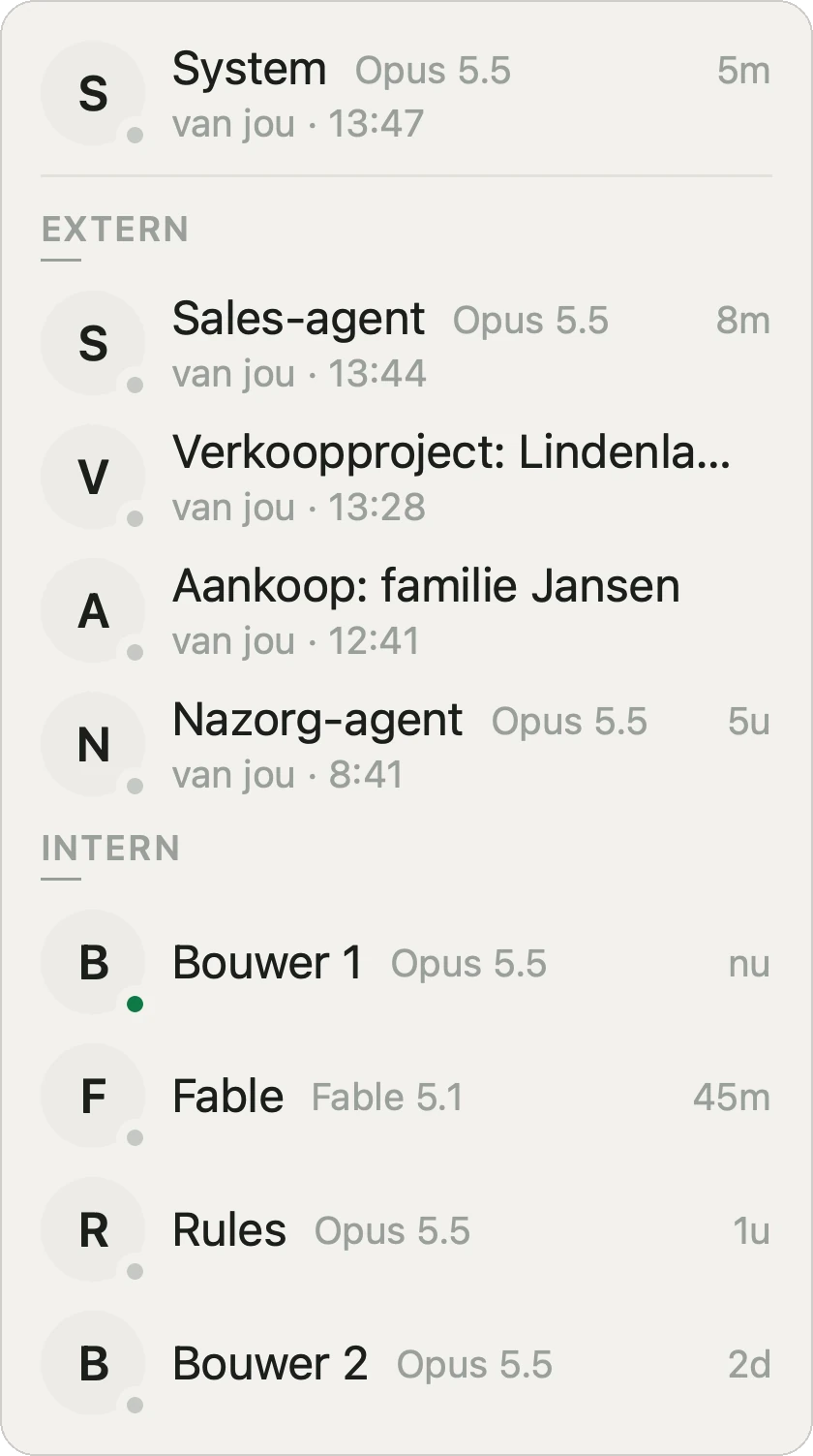 De lijst met agenten op de Mac: bovenaan de System-agent, onder Extern de agenten voor klanten, onder Intern Bouwer 1, Fable, Rules en Bouwer 2.