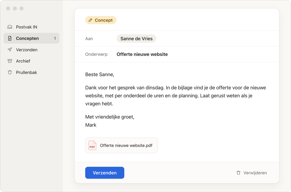Een concept in je mailbox, met de offerte die de agent heeft opgemaakt als bijlage.