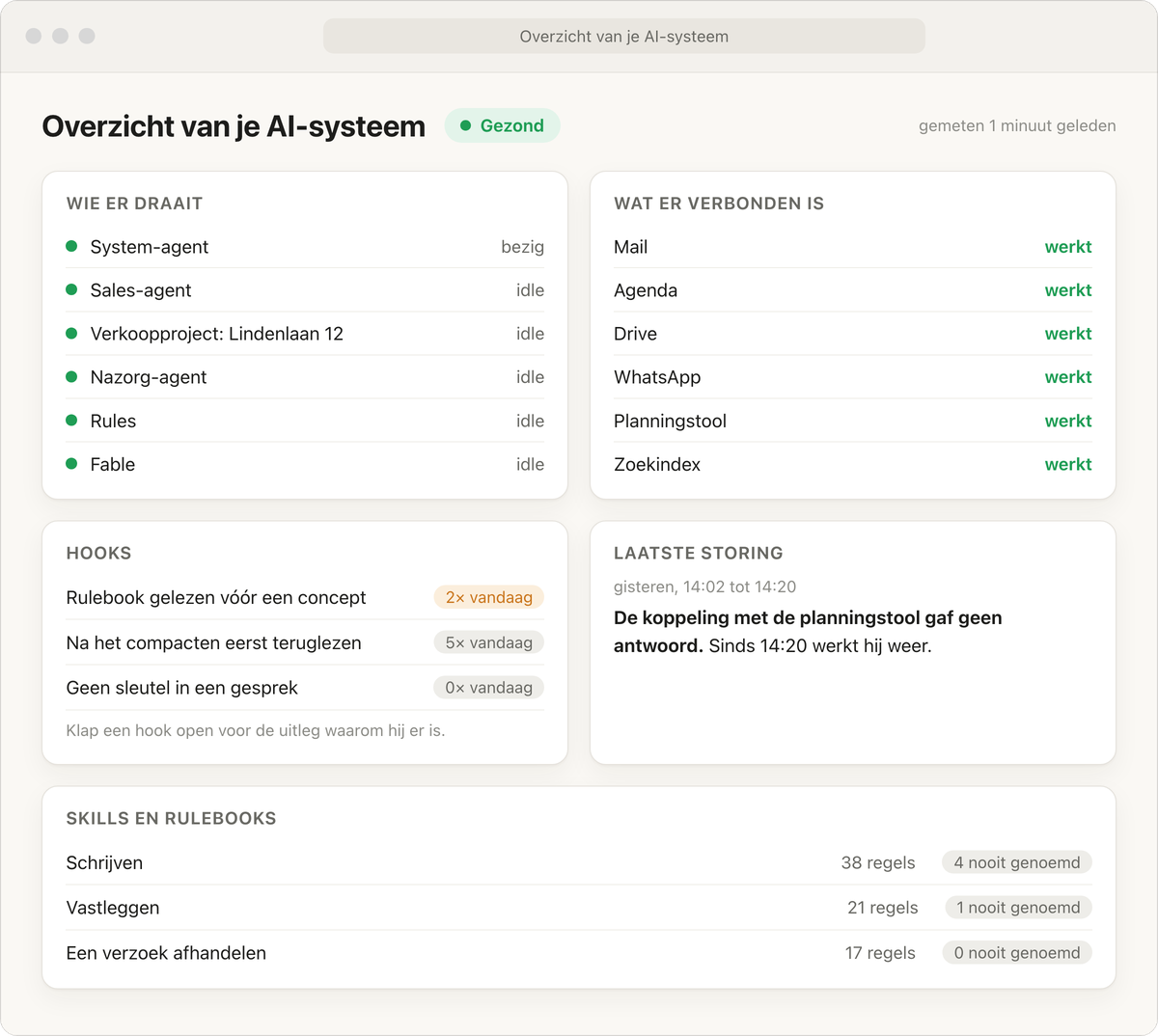 Een voorbeeld van het overzicht: wie er draait, wat er verbonden is, welke hooks vandaag afgingen, de laatste storing en je skills.